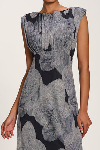 Slash Neck Fit & Flare Mesh Maxi Dress, Black Abstract