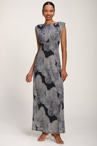 Slash Neck Fit & Flare Mesh Maxi Dress, Black Abstract