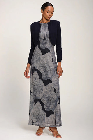 Slash Neck Fit & Flare Mesh Maxi Dress, Black Abstract