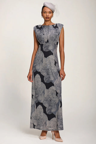 Slash Neck Fit & Flare Mesh Maxi Dress, Black Abstract