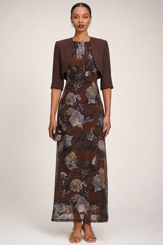 Slash Neck Fit & Flare Mesh Maxi Dress Brown Abstract