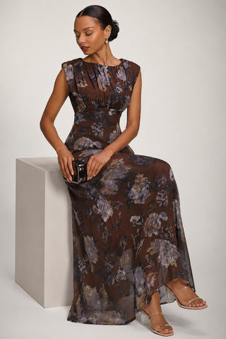 Slash Neck Fit & Flare Mesh Maxi Dress Brown Abstract