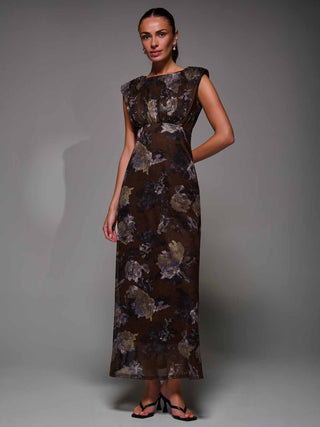 Slash Neck Fit & Flare Mesh Maxi Dress Brown Abstract