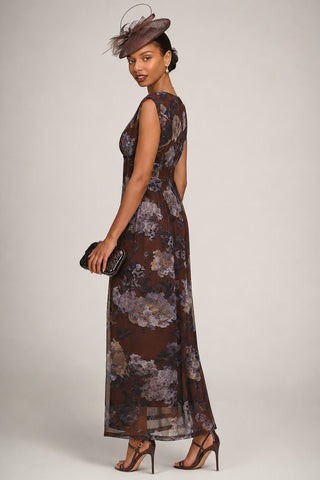 Slash Neck Fit & Flare Mesh Maxi Dress Brown Abstract
