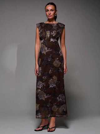 Slash Neck Fit & Flare Mesh Maxi Dress Brown Abstract