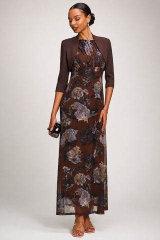 Slash Neck Fit & Flare Mesh Maxi Dress Brown Abstract