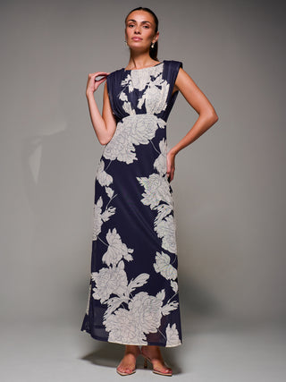 Slash Neck Fit & Flare Mesh Maxi Dress, Navy Floral