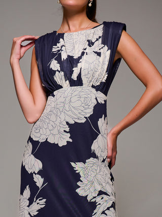 Slash Neck Fit & Flare Mesh Maxi Dress, Navy Floral