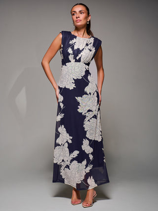 Slash Neck Fit & Flare Mesh Maxi Dress, Navy Floral