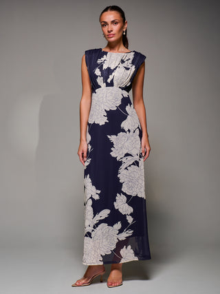 Slash Neck Fit & Flare Mesh Maxi Dress, Navy Floral