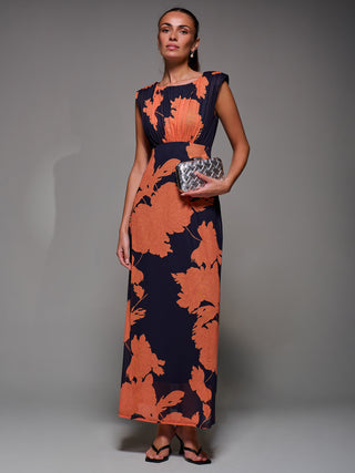 Slash Neck Fit & Flare Mesh Maxi Dress, Orange Floral