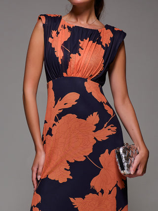 Slash Neck Fit & Flare Mesh Maxi Dress, Orange Floral