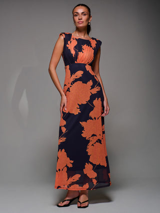 Slash Neck Fit & Flare Mesh Maxi Dress, Orange Floral