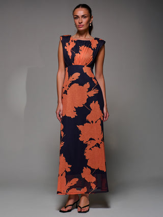 Slash Neck Fit & Flare Mesh Maxi Dress, Orange Floral