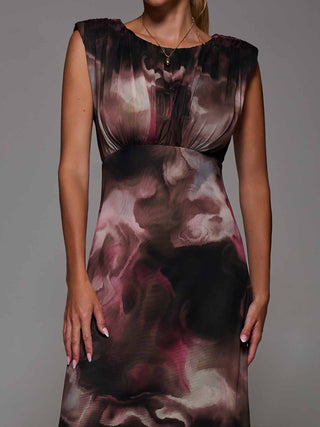 Slash Neck Fit & Flare Mesh Maxi Dress Pink Abstract