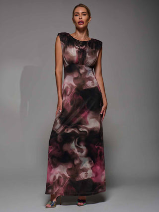 Slash Neck Fit & Flare Mesh Maxi Dress Pink Abstract