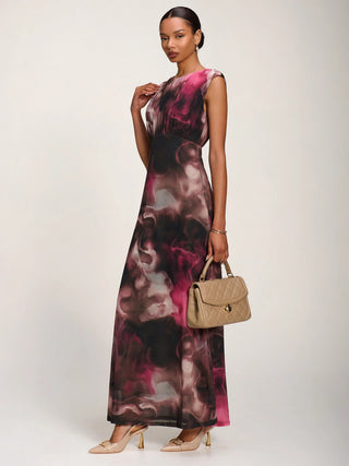 Slash Neck Fit & Flare Mesh Maxi Dress Pink Abstract