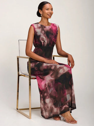 Slash Neck Fit & Flare Mesh Maxi Dress Pink Abstract