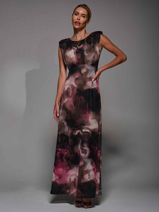 Slash Neck Fit & Flare Mesh Maxi Dress Pink Abstract