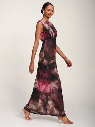 Slash Neck Fit & Flare Mesh Maxi Dress Pink Abstract