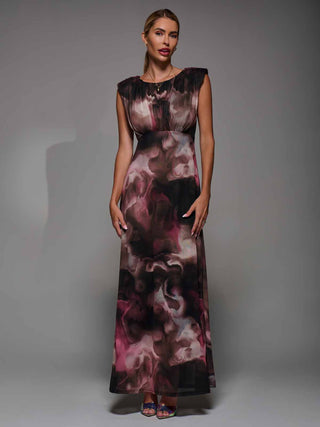 Slash Neck Fit & Flare Mesh Maxi Dress Pink Abstract