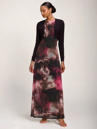 Slash Neck Fit & Flare Mesh Maxi Dress Pink Abstract