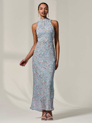 Chiffon Halter Neck Maxi Dress, Blue Floral Jolie Moi Retail Chiffon Halter Neck Maxi Dress, Blue Floral Jolie Moi Retail