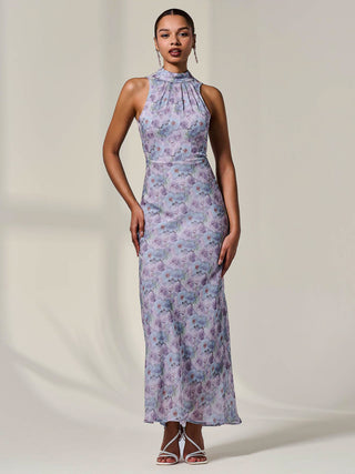 Chiffon Halter Neck Maxi Dress, Purple Floral - Main Image