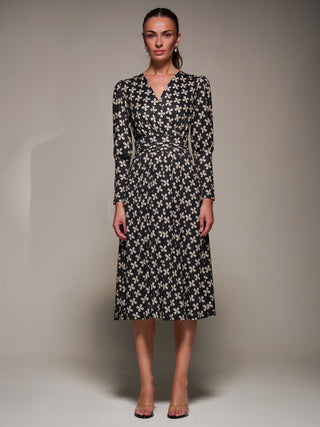 Puff Long Sleeve Jersey Midi Dress, Black Pattern