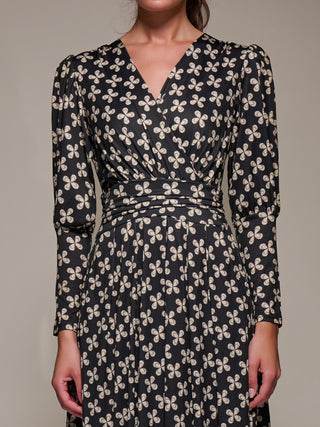 Puff Long Sleeve Jersey Midi Dress, Black Pattern