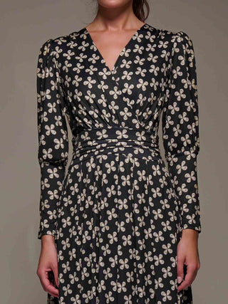 Puff Long Sleeve Jersey Midi Dress, Black Pattern