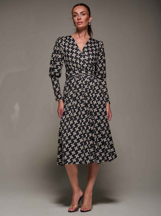 Puff Long Sleeve Jersey Midi Dress, Black Pattern