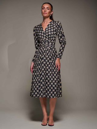 Puff Long Sleeve Jersey Midi Dress, Black Pattern