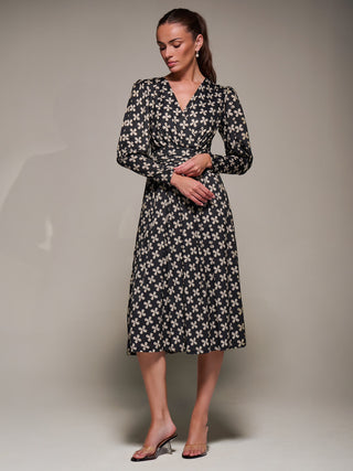 Puff Long Sleeve Jersey Midi Dress, Black Pattern