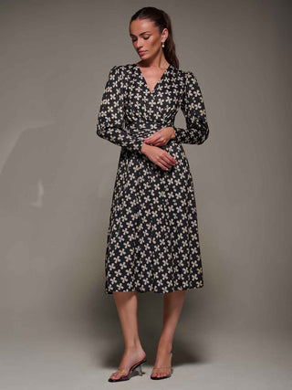 Puff Long Sleeve Jersey Midi Dress, Black Pattern