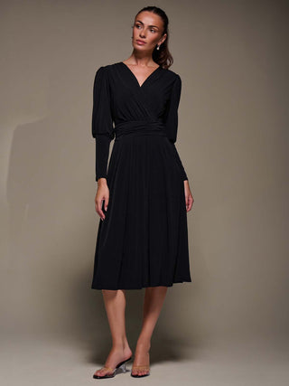 Puff Long Sleeve Jersey Midi Dress, Black