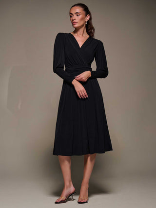 Puff Long Sleeve Jersey Midi Dress, Black