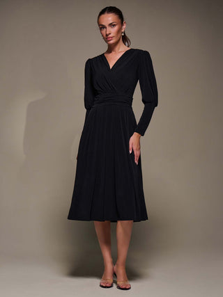 Puff Long Sleeve Jersey Midi Dress, Black
