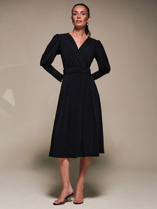Puff Long Sleeve Jersey Midi Dress, Black