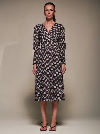 Puff Long Sleeve Jersey Midi Dress, Brown Pattern