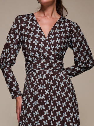 Puff Long Sleeve Jersey Midi Dress, Brown Pattern