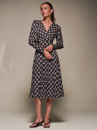 Puff Long Sleeve Jersey Midi Dress, Brown Pattern