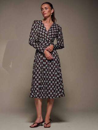 Puff Long Sleeve Jersey Midi Dress, Brown Pattern