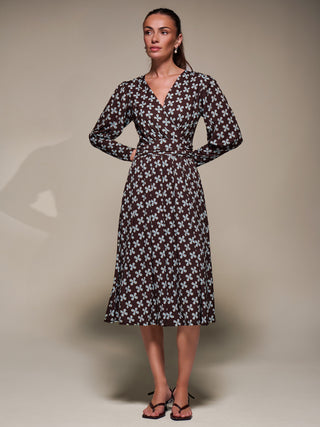 Puff Long Sleeve Jersey Midi Dress, Brown Pattern