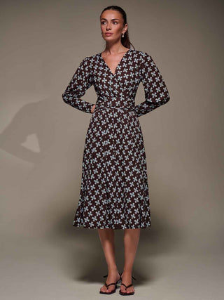Puff Long Sleeve Jersey Midi Dress, Brown Pattern