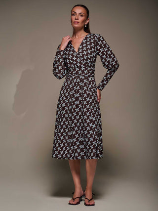Puff Long Sleeve Jersey Midi Dress, Brown Pattern