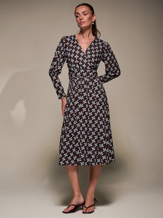 Puff Long Sleeve Jersey Midi Dress, Brown Pattern