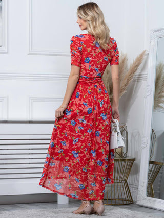 Gavina Ruched Sleeve Mesh Maxi Dress, Red Multi