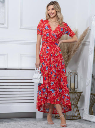 Gavina Ruched Sleeve Mesh Maxi Dress, Red Multi