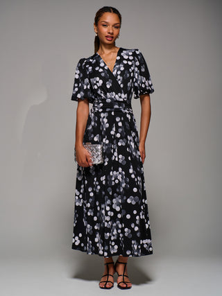 Puff Sleeve Jersey Maxi Dress, Black Spot